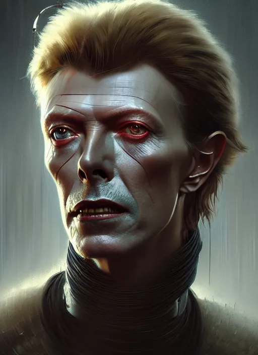 Image similar to portrait of a david bowie cyborg, victorian, concept art, detailed face, fantasy, close up face, highly detailed, cinematic lighting, digital art painting by greg rutkowski