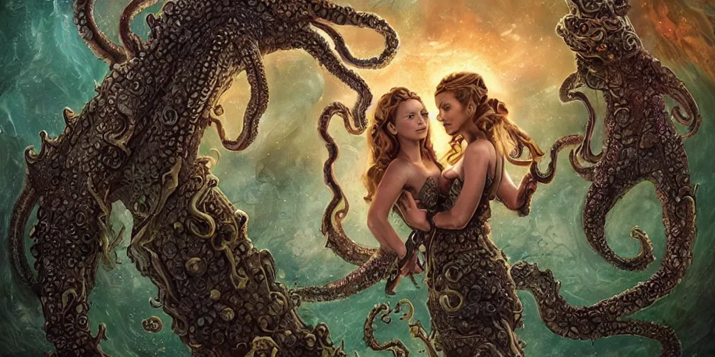 Prompt: A fantasy fairytale story telling style portrait painting, encephalopod, cephalopod kaiju & Cthulhu Squid attack, Great Leviathan Turtle, Mythic Island at the center of the Universe, accompanying hybrid, Cory Chase, Blake Lively, Anya_Taylor-Joy, Grace Moretz, Halle Berry, Mystical Valkyrie, Anubis-Reptilian, Atlantean Warrior, intense smoldering, soul penetrating invasive eyes. fantasy atmospheric lighting, digital painting, hyperrealistic, François Boucher, Oil Painting, Cozy, hot springs hidden Cave, candlelight, natural light, lush plants and flowers, smooth cave rock, visually crisp & clear, Volumetric Golden dappled dynamic lighting, Regal, Refined, elegant, Spectacular Rocky Mountains, bright clouds, luminous stellar sky, outer worlds, cognitive Coherence cohesion character illustration, photorealistic, Vivarium, Theophanic atmosphere, michael whelan, William-Adolphe Bouguereau, Michael Cheval, Crisp clear hd resolution, Digital Art, RPG portrait, Steampunk, hyperdetailed, artstation, cgsociety, Highly Detailed, Cinematic Lighting, HD resolution, unreal 5, DAZ, hyperreality, octane render, Unreal Engine, 8k, HD, Parisian buildings, billboards, advertisements, small buildings, dark, matte painting, concept art, digital painting, style of Ian Hubert, warm lighting, futuristic, volumetric lighting, street view, daytime, godrays , high detail, no sky scrapers