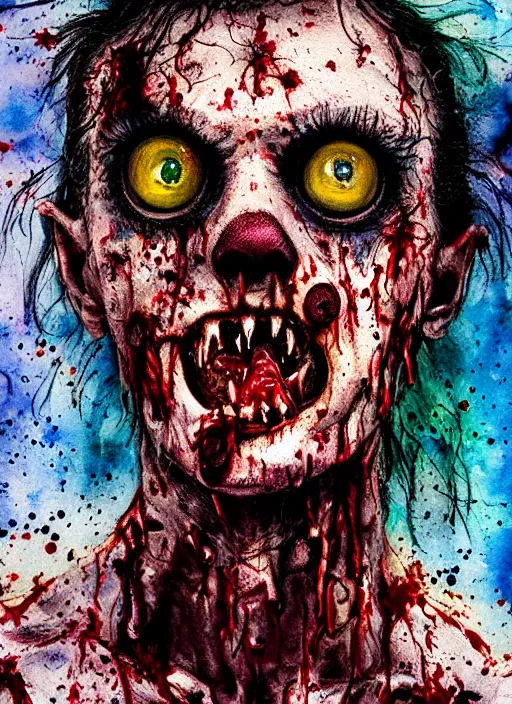 Image similar to zombie hollywood professional acting headshot, hyperrealism, david dennis, snl intermission photo, intricate detailed, studio lighting, charming expression gesicht, hauntingly beautiful zombie, watercolor art, epic, legendary, drawn and painted, colored layers, dulled contrast, exquisite fine art, splatterpaint