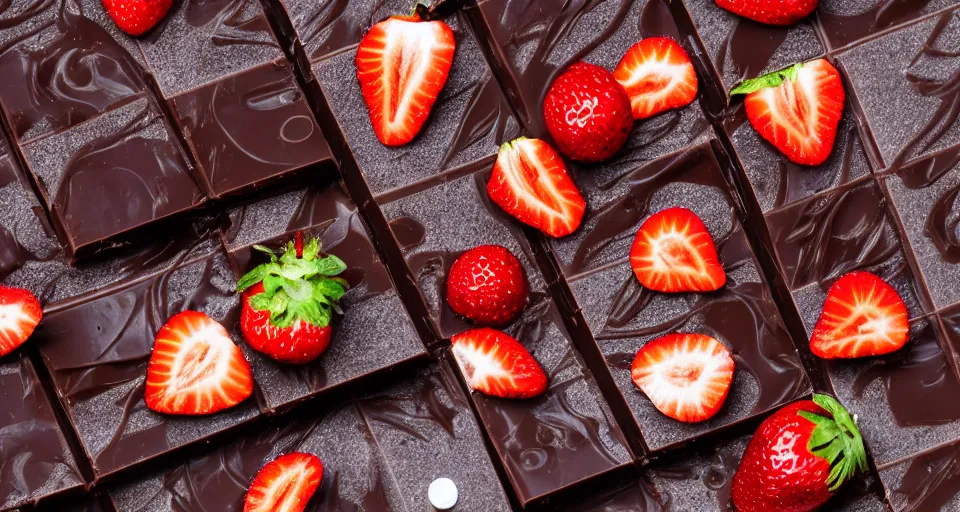 Image similar to A gourmet dark chocolate bar on an opened silver wrapper, next to sliced strawberries, on a wooden tray, macro lens product photo