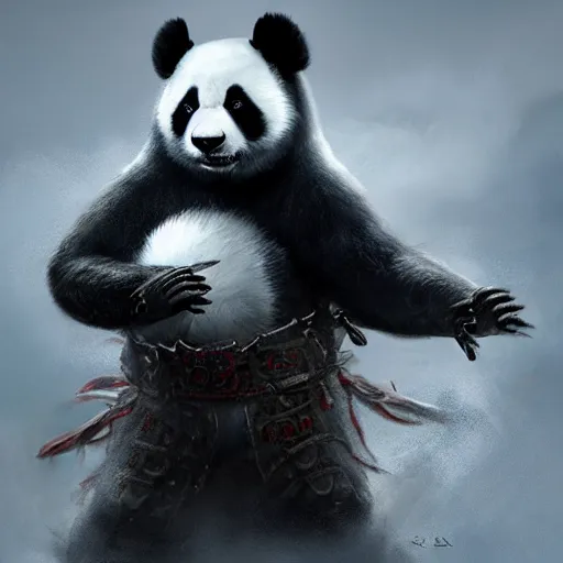 Image similar to warrior panda in armor, eerie, intricate, highly detailed, sorrow, dramatic, emotional, proud, matte painting, award - winning art, trending on artstation, digital art, 8 k