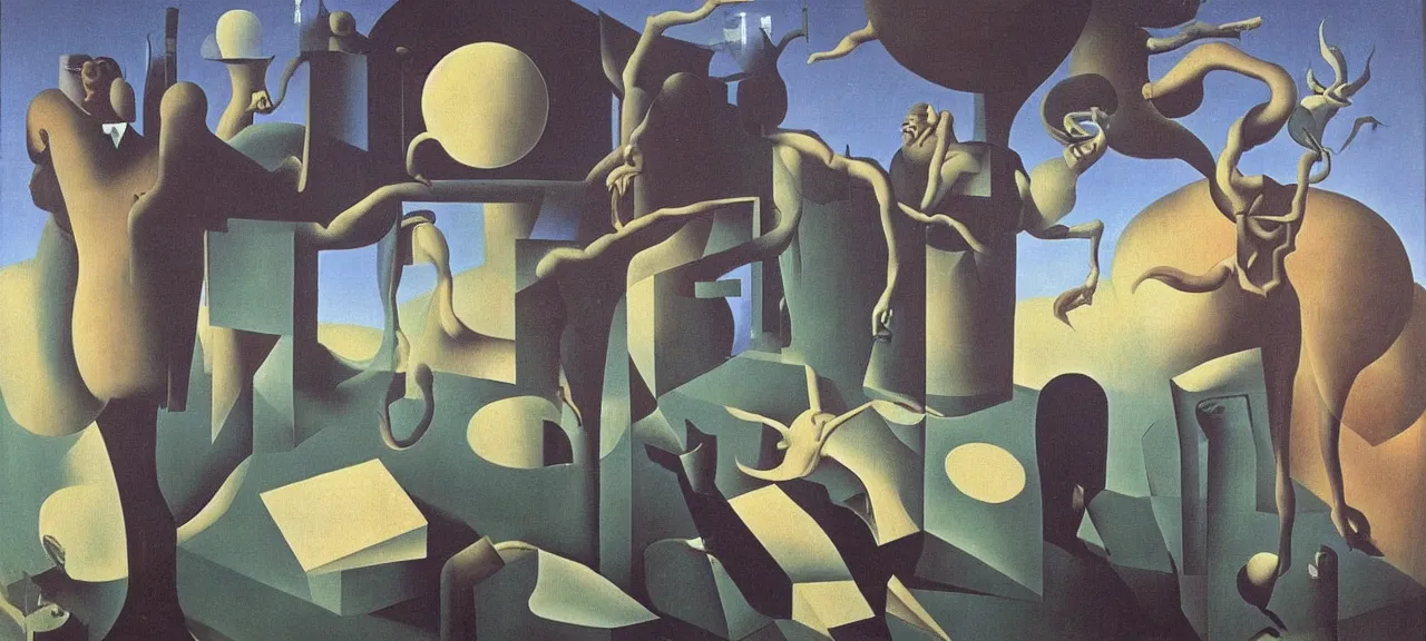 Image similar to surrealist painting of about the internet by Magritte, Dali, Andre Breton and Max Ernst