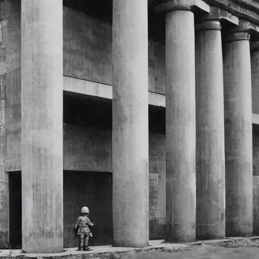 Image similar to a brutalist building with roman style ionized columns and german ww 2 soldiers standing in front