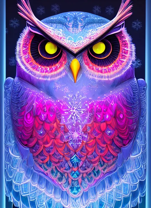 Image similar to symmetry!! product render poster vivid colors divine proportion owl, ice and snow, glowing fog intricate, elegant, highly detailed, digital painting, artstation, concept art, smooth, sharp focus, illustration,