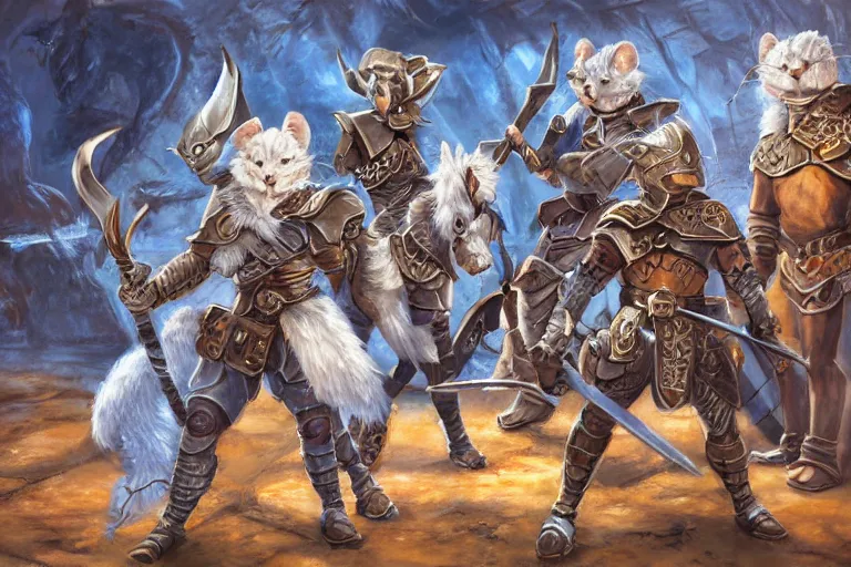 Image similar to dungeons and dragons fantasy painting, close order phalanx of mice spartans, 3 0 0, whimsical and cute, determined expressions, watery blue eyes, anime inspired, white fur, tufty whiskers, steel blades, dawn lighting, at thermopolae