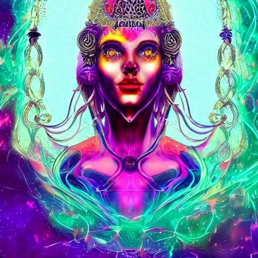 Prompt: psychedelic concept art illustration of a freaky goddess with a dark moon in the far distance, trending on artstation, 8k