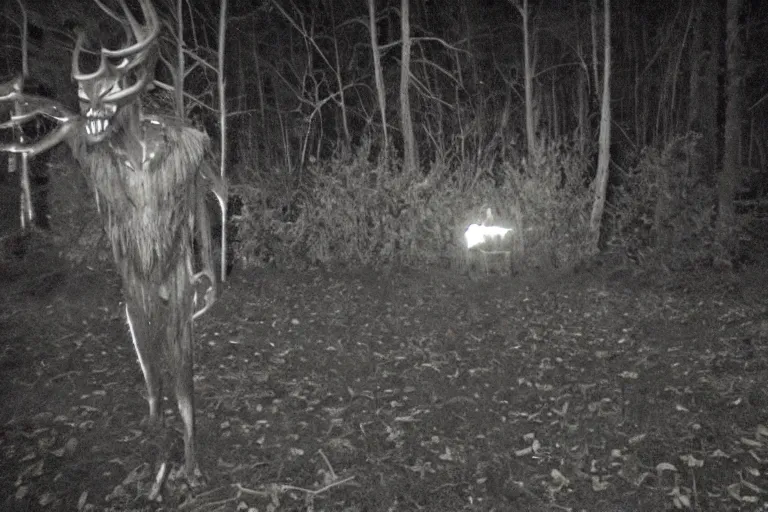 Prompt: low quality trailcam footage of a wendigo in a backyard, at night