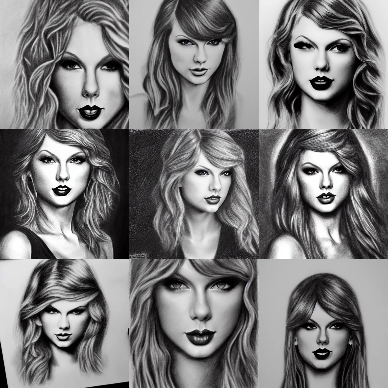 Prompt: beautiful charcoal drawing of taylor swift, award winning