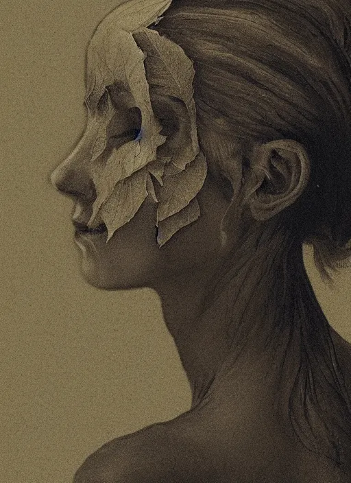 Image similar to a womans face in profile made of leaf skeleton in the style of the Dutch masters and Gregory Crewdson dark and moody