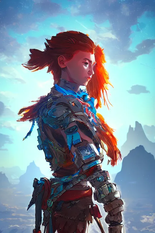 Image similar to combination suit armor aloy horizon forbidden west horizon zero dawn radiating a glowing aura global illumination ray tracing hdr fanart arstation by ian pesty and alena aenami artworks in 4 k tribal robot ninja mask helmet backpack