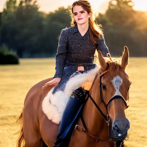 Prompt: Emma Watson riding into the sunset, golden hour, heavenly lighting, XF IQ4, f/1.4, ISO 200, 1/160s, 4K, RAW, unedited, symmetrical balance, in-frame