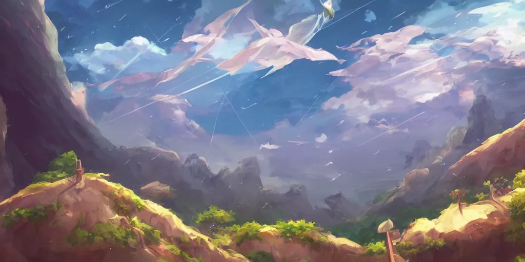 Image similar to background art of flying longswords flowing and floating through the slicing through directional wind on a simple cloudy sky background featuring a canyon bridge, big puffy clouds, large individual rose petals, angular background elements, polygonal fragments, anime, studio ghibli, artgerm, manga, trending on artstation, art nouveau, mature color scheme