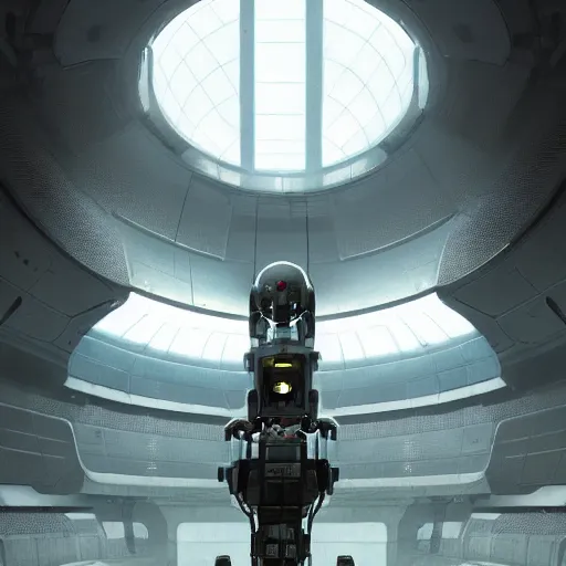 Image similar to detailed character concept art portrait of a detailed and hi - tech reconnaissance robot in an empty chamber, artstation, award - winning realistic sci - fi concept art by greg rutkowski and yoshitaka amano, in the style of moebius, flat surrealist artwork.