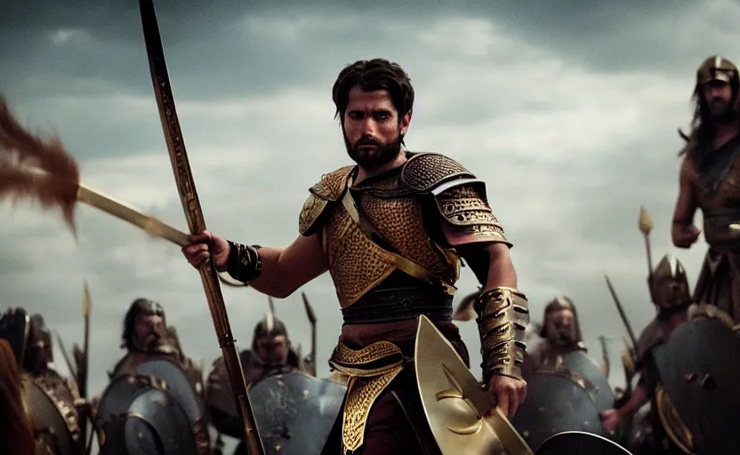 Prompt: cinematic still of a warrior with brown hair wielding a golden hilted sword in the style of 300 movie,