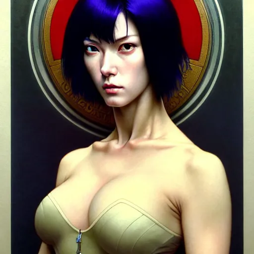 Prompt: Masterpiece head and shoulder portrait of Major Kusanagi from Ghost in the Shell drawn by Donato Giancola and Tom Bagshaw, face by Artgerm and Edmund Leighton, Alphonse Mucha, background by James Jean and Gustav Klimt, 4k, porcelain skin, komorebi, french nouveau, trending on artstation, octane render, hyperrealistic