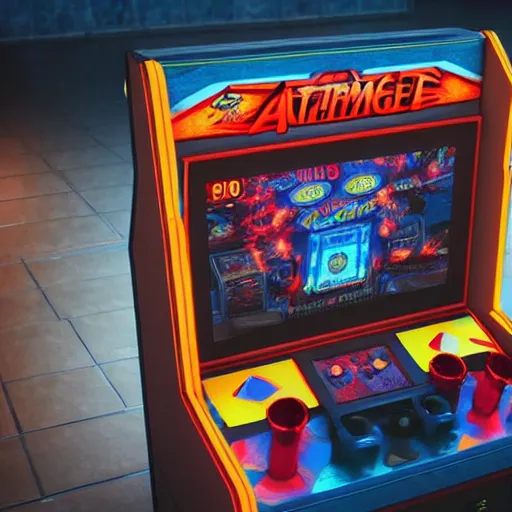 Image similar to 1990s arcade machine, octane render, unreal engine, digital art, Artstation, Trending on Artstation, Artstation HQ, Artstation HD, cgsociety, Pinterest, 8k , close up to the screen, wide angle, godrays, volumetric, reflections, cinematic, epic, creative, coherent, 3D Render,