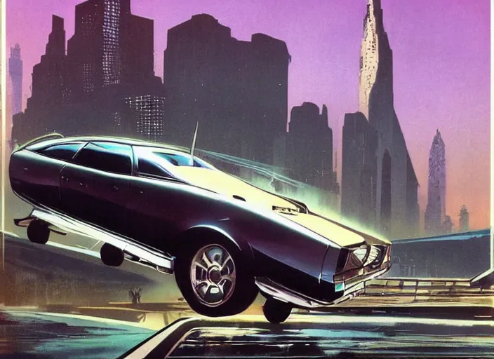 Image similar to a sedan car in a city. style by frank frazetta, peter elson, and eyvind earle.