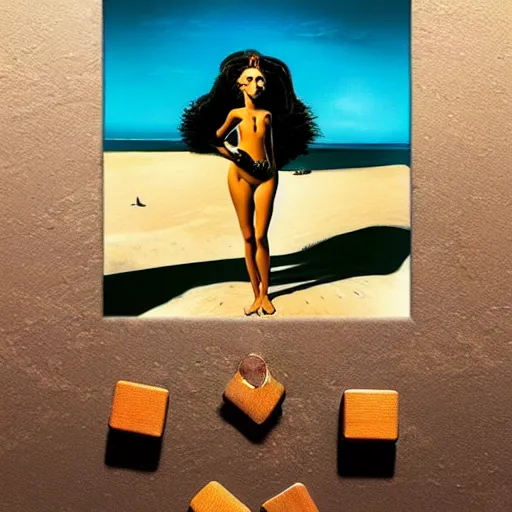 Image similar to A surreal oil painting of a puzzle containing a beautiful woman on a desert beach by Salvador Dali, dark vibes, high contrast, cinematic, depth of field