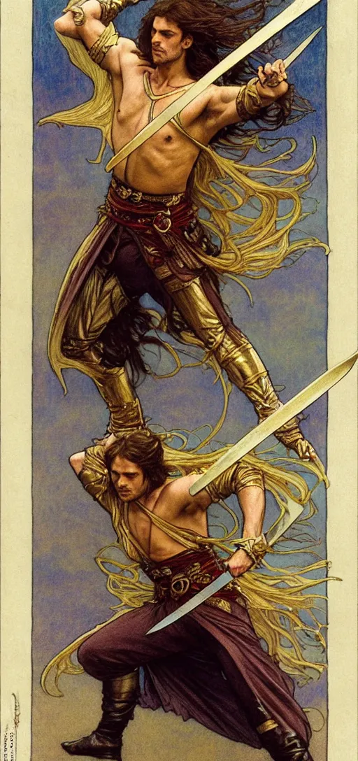 Image similar to one golden swordsman wielding two swords leans back as he lunges elegantly in the wind, his robes and long hair flowing in the breeze, fantasy, Mucha, MTG, Game of Thrones, salsa dancing, Rossetti, Millais, anatomically correct