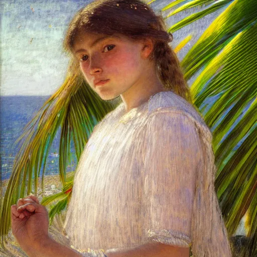 Image similar to a ultradetailed beautiful painting of a girl in the amazonas palace designed by jules bastien - lepage, hans belmer, frank weston and gustave baumann, beach, trending on artstation, mediterranean, palm trees, light sparkles, sharp focus, soft light, 8 k 4 k