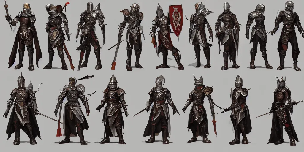 Image similar to medieval knights full body character sheet, beautiful intricate concept art by senior character artist, trending on artstation