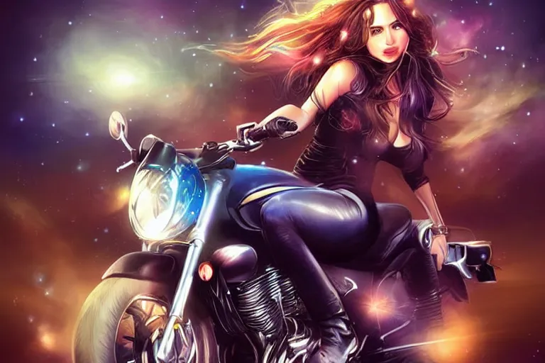 Prompt: a very very very beautiful woman riding a motorcycle, Galaxy background, drawn by artgerm