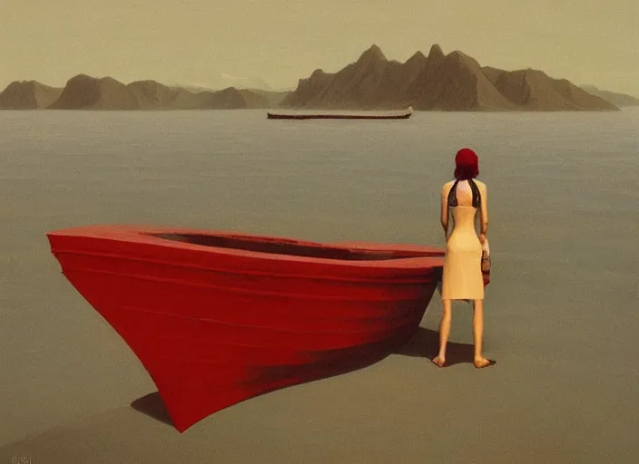 Image similar to lonely woman waiting on a shore for a boat with scarlet sail, highly detailed, science fiction, Edward Hopper and James Gilleard, Zdzislaw Beksinski highly detailed