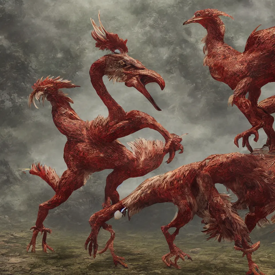 Prompt: a Gallimimus-like feathered wyvern rooster of the Chinese zodiac, hyperrealistic textures, award-winning digital art on Pixiv, trending on Artstation