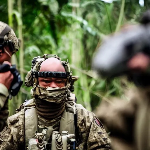 Image similar to close up CSAT Viper Special Forces fighting devastated burning exploding jungle combat photography 2022, Canon EOS R3, f/1.4, ISO 200, 1/160s, 8K, RAW, unedited, in-frame,