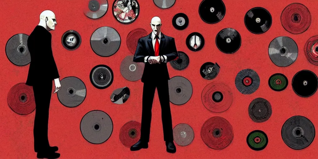 Image similar to a portrait of agent 4 7 from hitman wearing headphones in front of a wall of vinyl records, dark background, red rim light, digital art, artstation, art by yoji shinkawa