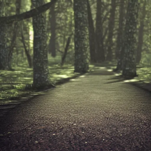 Image similar to a shoe on a path in the middle of a forest, dark, unreal engine