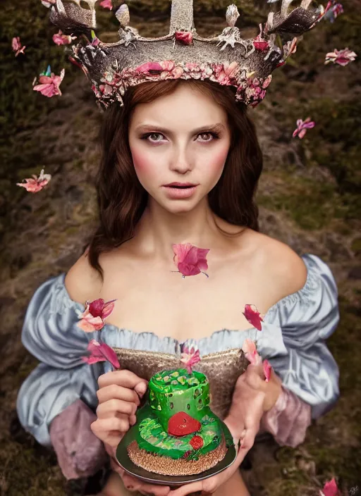 Image similar to closeup medieval bosch face portrait of a fairytale princess wearing a crown eating cakes in the castle, bikini, depth of field, zeiss lens, detailed and intricate environment, fashion photoshoot by nicoletta ceccoli, mark ryden, lostfish, breathtaking, 8 k resolution, extremely detailed, beautiful, establishing shot, artistic, hyperrealistic, octane render