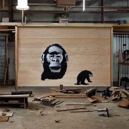Prompt: ape in a carpenter workshop made by banksy