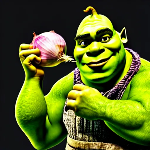 Image similar to a stock photo of shrek eating an onion, 8 k, ultra - realistic, white background, face cluse - up