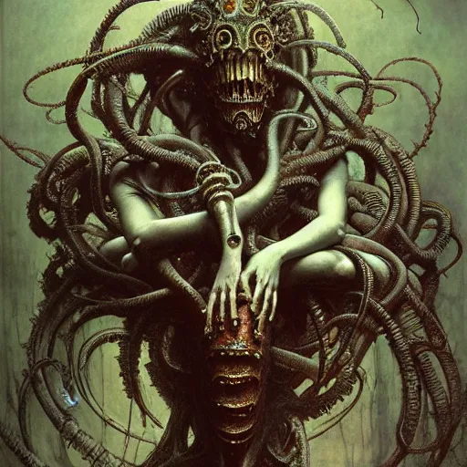Prompt: biomechanical medusa by gustave dore and gustave moreau and beksinski and giger and craig mullins and jeremy mann and dave mckean