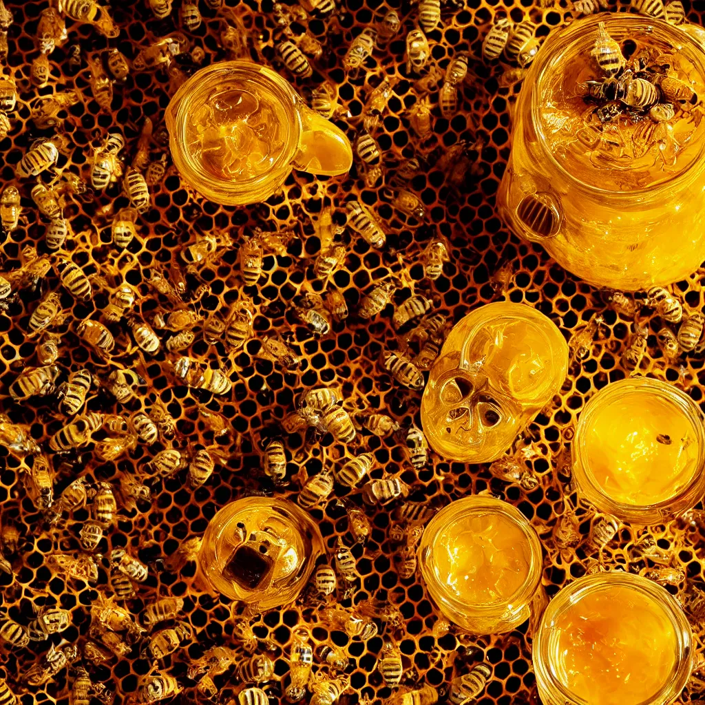 Prompt: dripping honey jar in the shape of a skull, with a honeycomb and surrounded by bees, product photography, glistening golden honey, sharp high contrast dramatic lighting, white backdrop