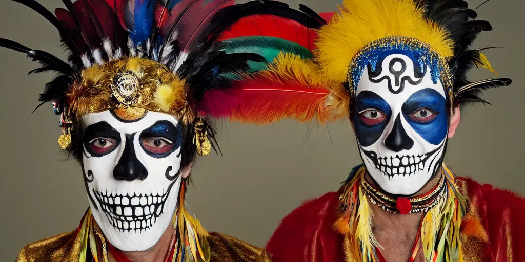 Image similar to ney matogrosso with paint on face, feathers, leather, lace, gold wings on head, tibetan skeleton dancer, painting by gottfried helnwein