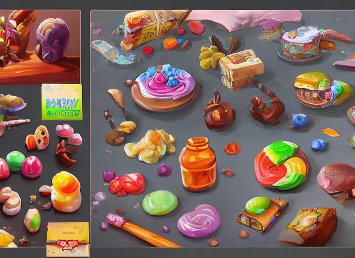 Prompt: assets design sheet for a game candy themed, oil painting by jama jurabaev, extremely detailed, brush hard, artstation, for aaa game, high quality, brush stroke