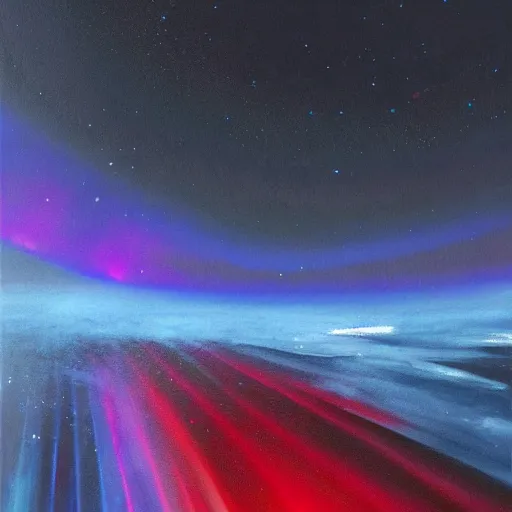 Image similar to the epic shock art painting'blue arctic void with black and red aurora borealis ', stunning masterpiece, trending on artstation