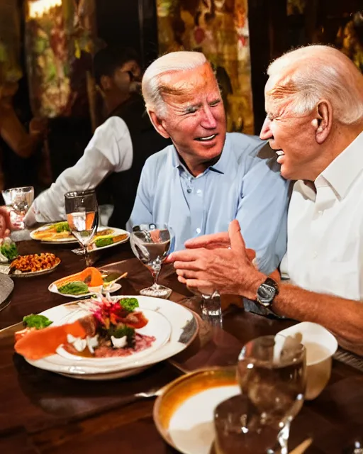 Image similar to Trump and Biden having dinner at a fancy Balinese restaurant, award winning photography, 85mm, perfect faces