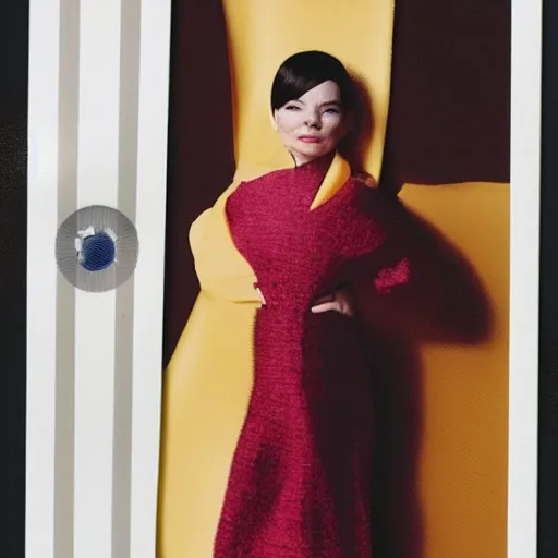 Prompt: Portrait of Bjork in an Issey Miyake dress, ethereal, polaroid