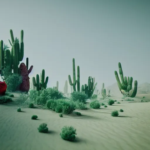 Prompt: A mystical desert with blood houngry creatures and colorfull plants,cinematic lighthing,nightmare,horror,octane render,