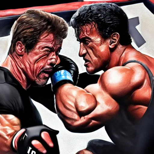 Image similar to Arnold Schwarzenegger and Sylvester Stallone in an UFC fight in octagon, artstation hall of fame gallery, editors choice, #1 digital painting of all time, most beautiful image ever created, emotionally evocative, greatest art ever made, lifetime achievement magnum opus masterpiece, the most amazing breathtaking image with the deepest message ever painted, a thing of beauty beyond imagination or words, 4k, highly detailed, cinematic lighting