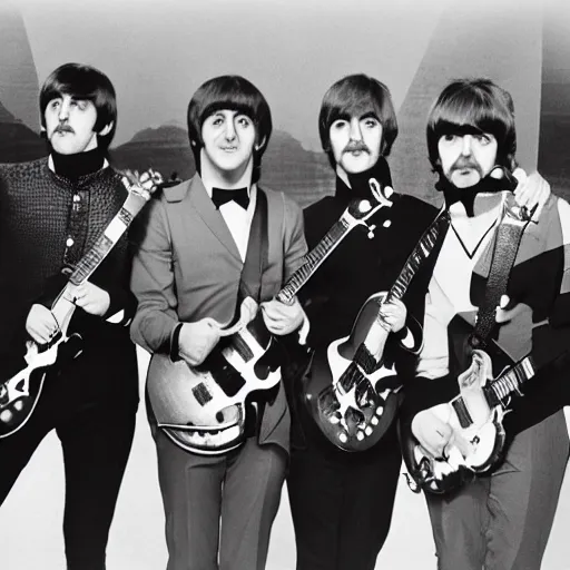 Image similar to The Beatles rock band dressed in beetle costumes