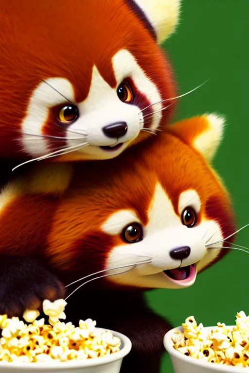 Image similar to high quality 3 d render hyperrealist very cute happy red panda & cat hybrid eating popcorn, vray smooth, detective pikachu, very dramatic light, low angle, uhd 8 k, shallow depth or field