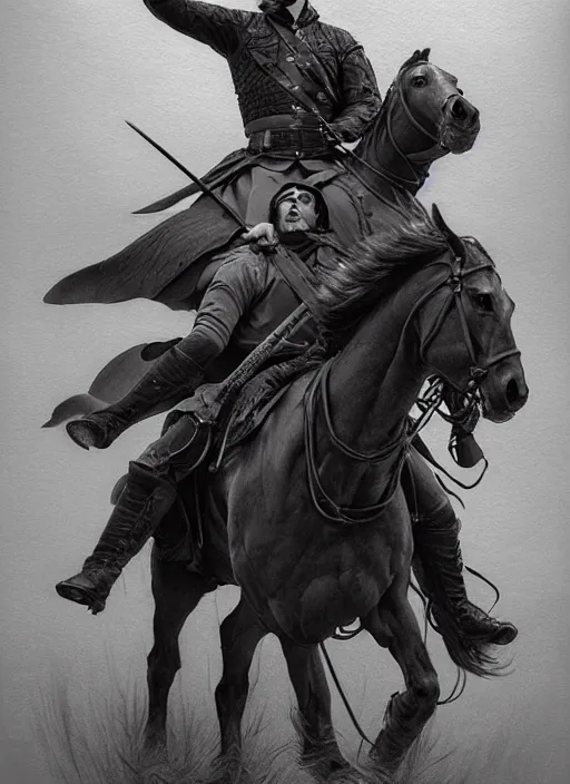 Image similar to painting of john oliver and adam driver together, riding horse, stoic, full body, military uniform, fantasy, intricate, elegant, beautiful, highly detailed, charcoal, centered, dark, smokey, digital painting, artstation, concept art, smooth, sharp focus, illustration, art by artgerm, art by greg rutkowski, art by alphonse mucha