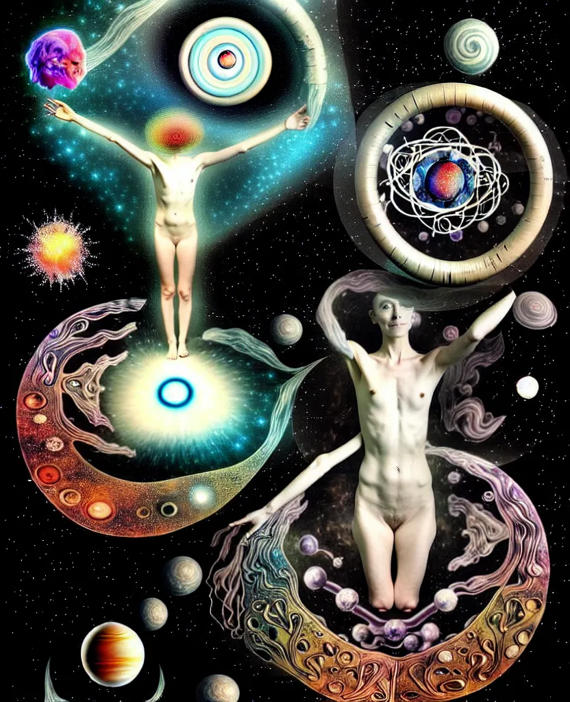 Image similar to inside the universe of a human body soul, whimsical uncanny creature alchemizes unique canto about'as above so below'being ignited by the spirit of haeckel and robert fludd, breakthrough is iminent, glory be to the magic within, to honor jupiter, surreal collage by ronny khalil