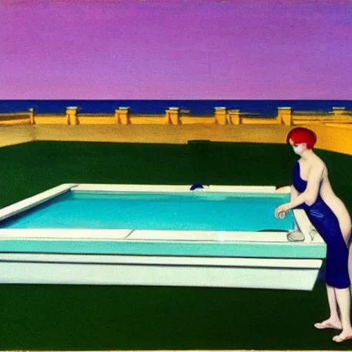 Image similar to dusty fantastic pool madeira platinum, by edward hopper and francisco goya, tarot card, seapunk