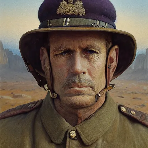 Prompt: a detailed photorealistic muted - color portrait painting of a 1 9 1 7 worried - looking british officer in field gear from the arab bureau in wadi rum, ultra realistic, intricate details, atmospheric, dark, brooding, highly detailed, by clyde caldwell