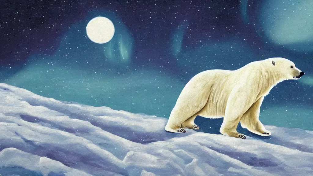 Image similar to an oil painting of a close - up polar bear traversing a snowy landscape at night, the northern lights and the moon are visible